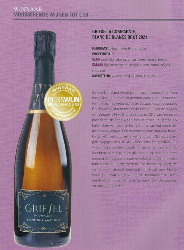 Sekt Blanc de Blancs van Griesel&Compagnie winnaar bij het Perswijn Wijnconcours 2024 - Afbeelding 4